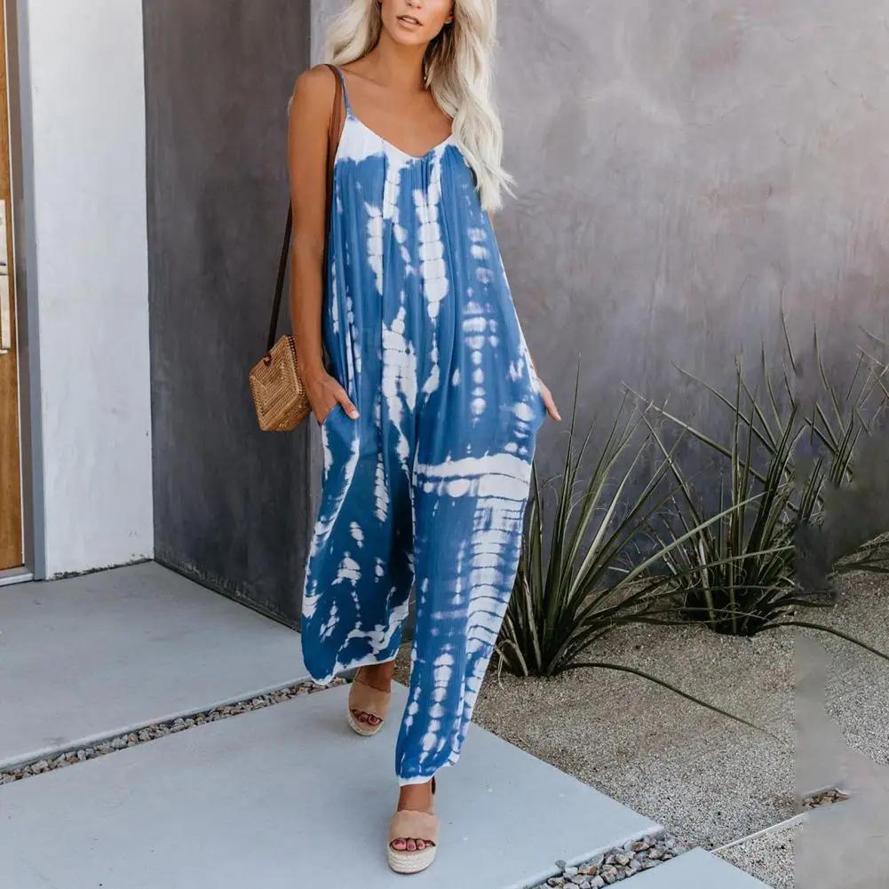 

Women Casual Jumpsuit Breathable Tie Dye Wide Leg V Neck Long Length Sling Romper for Daily Wear