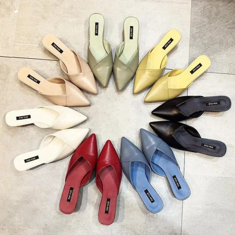 Женские мюли с острым носком бежевые шлепанцы на низком каблуке сланцы пляжные