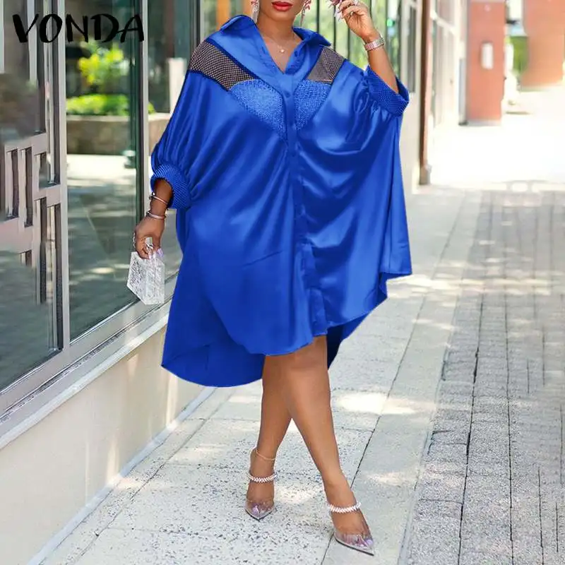 

Loose Dress 2022 VONDA Vintage Lapel Collar Button Up Dresses Autumn Knee-Length Vestidos Oversized Baggy Hem Holiday Robes