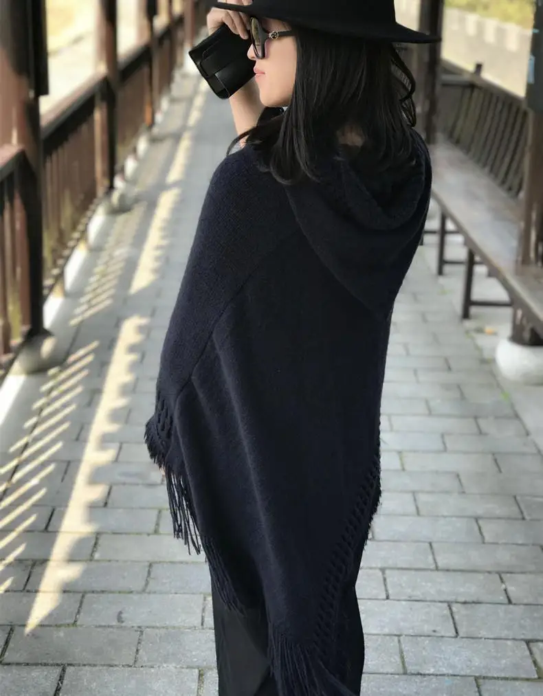 Женский вязаный свитер-пончо с капюшоном однотонная шаль накидка плюшевой