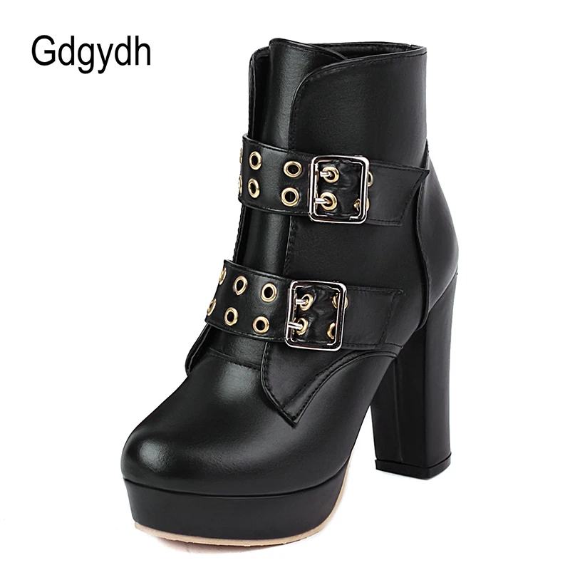 

Gdgydh Platform Belt Buckle Ankle Boots For Women Block High Heels Shoes Retro Plus Size Female Footwear New Autumn Leather PU