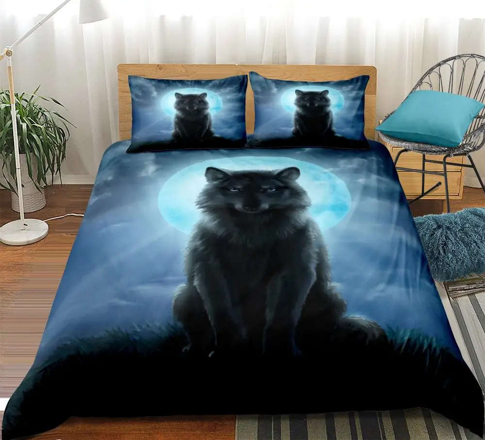 

3 Pieces Wolf Duvet Cover Set Blue Moon Wolf Bedding Wild Animal Quilt Cover Queen Home Textiles Wolf Bed Set Teens Dropship