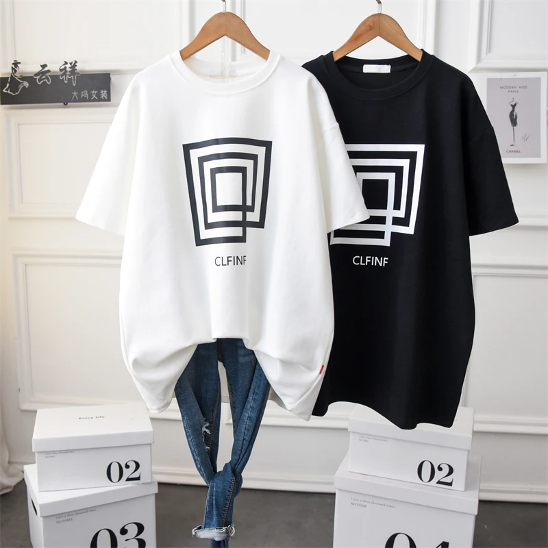 

Plus Long Women's Thicken Oversized Tee Shirt Short Sleeve BF Style Simple Solid Crewneck Printing Casual Pullover Tops White