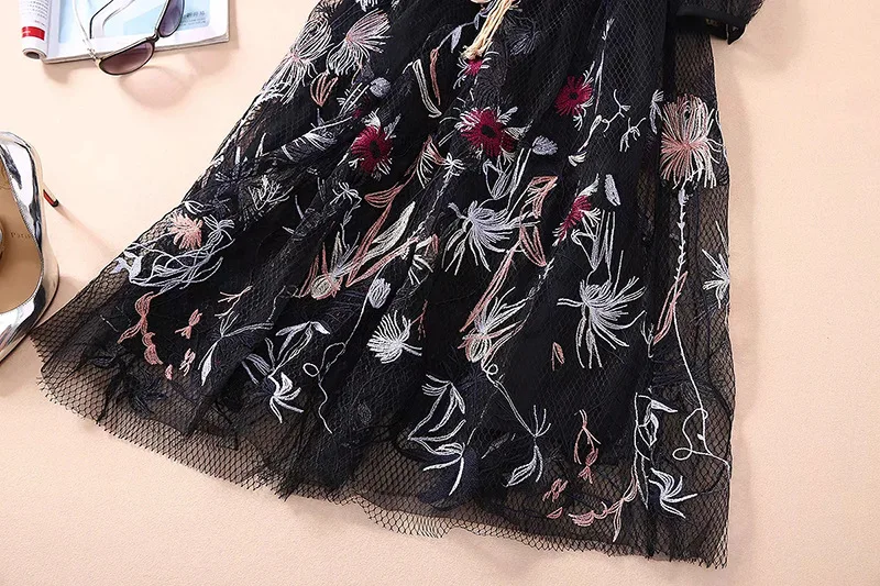 

2021 Dress Long Dress Fashion Womens Clothes Embroidery Mesh Black Empire