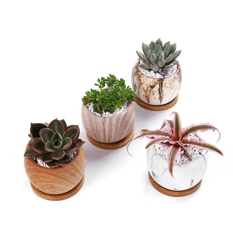 

4Pcs 90x70mm Succulent Flower Pot Round Wood Grain Pattern Simulation Marble Plant Flower Pot With Bamboo Tray