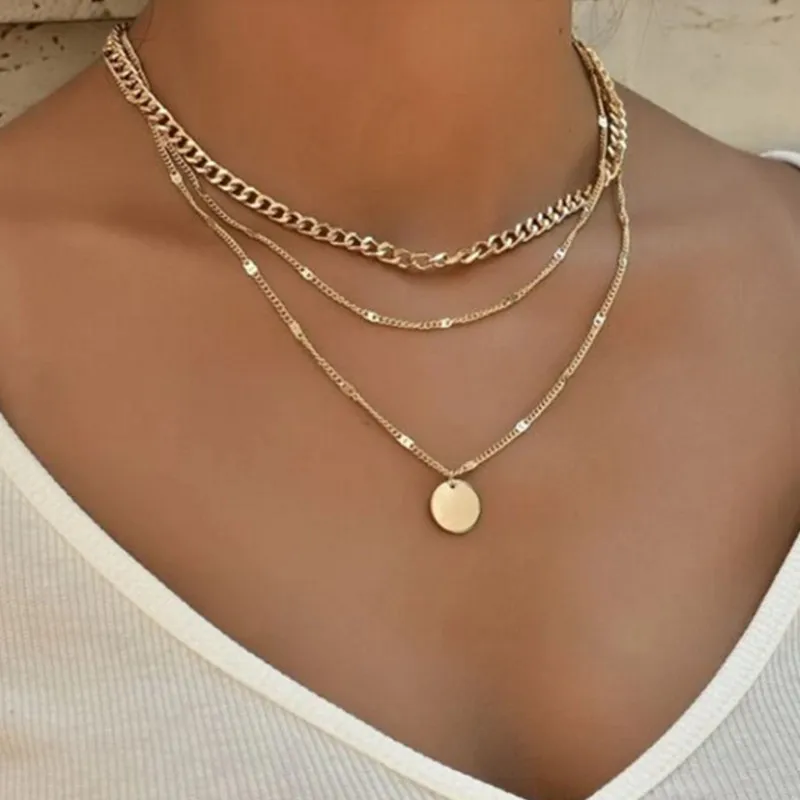 

Simple Personality Alloy Round Pendant Multilayer Necklace