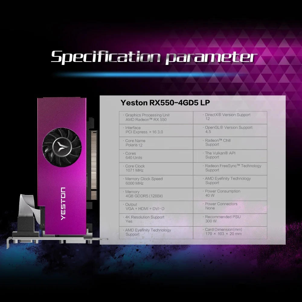 Yeston RX550-4G D5 LP Видеокарты Radeon Chill 4 Гб памяти GDDR5 128 бит 6000 МГц VGA+ HDMI+ DVI-D GPU
