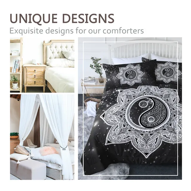 BlessLiving Tai Chi Quilt Set Mandala Thin Comforter Yin Yang Summer Bedding Floral Air-conditioning Duvet Black White Bed Set 2