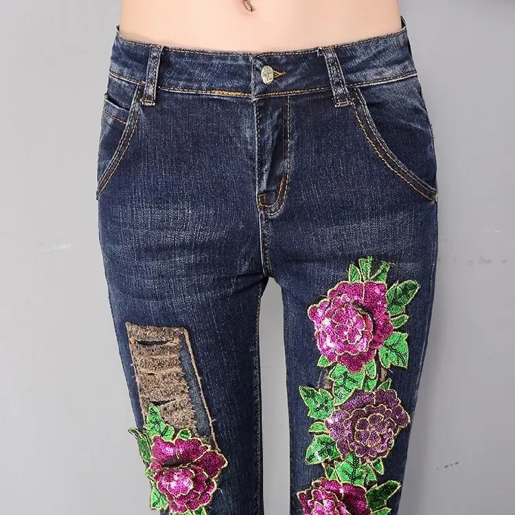 Женские винтажные джинсовые брюки с вышивкой облегающие брюки-карандаш со
