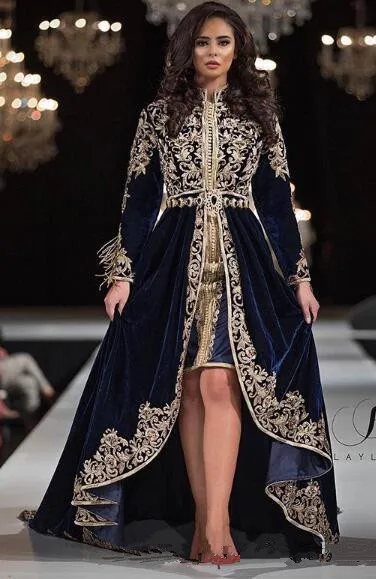 Темно-синее кружево бисером 2019 арабские Caftans вечерние платья с высоким воротом
