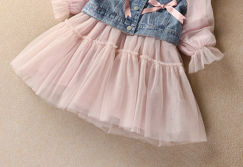 New Girls Dresses 2pcs Sets Kids Autumn Clothes Pearl Denim Vest Long Sleeve Lace Princess Dress Bow Pink Children Outfits Size