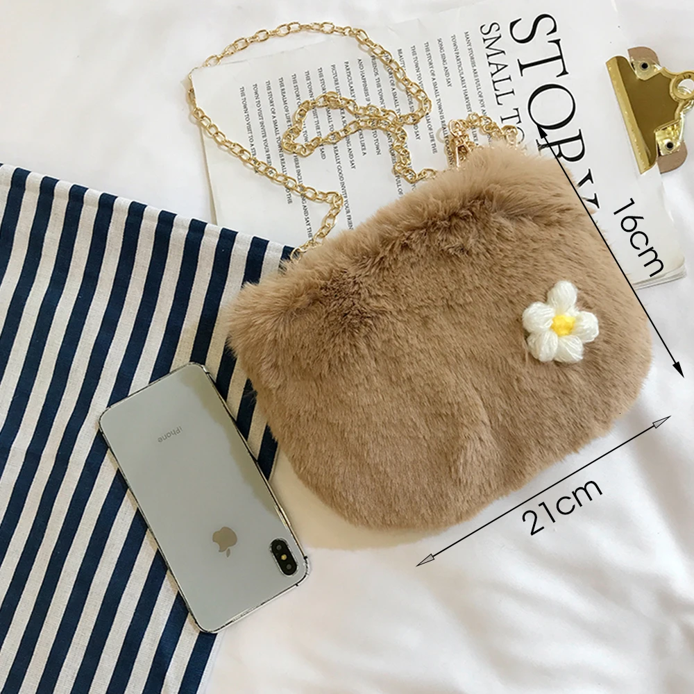 Fashion Faux Fur Women Crossbody Bag Winter Plush Fower Decoration Messenger Office Casual Female Shoulder Handbag | Багаж и сумки