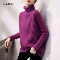 wywm winter turtle neck cashmere sweater women elegant striped warm knitted pullover loose long knitwear jumper female clothes