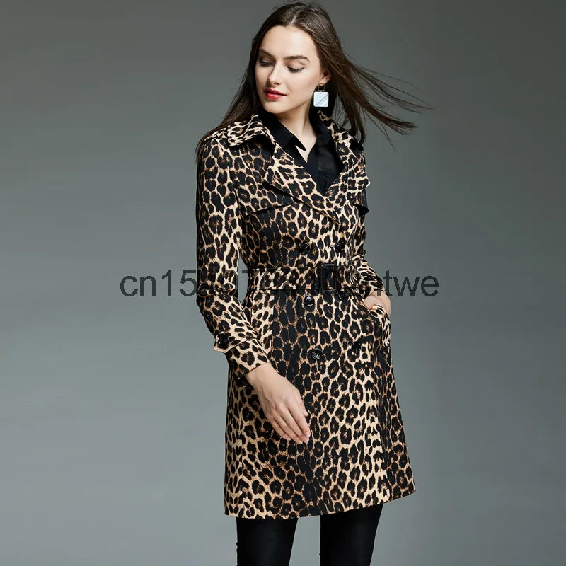 

Leopard print windbreaker women's double breasted 2021 spring and autumn new fashion waist closing medium and long jacket slim