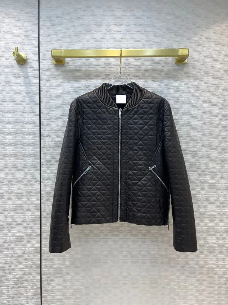 

Luxury Brand 100% Sheepskin Black Jackets Women Top Quality Crimping Plaid 3D Cut Stand Collar Zipper Pocket Jackets Winter 2021
