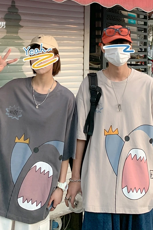 

Couple's Short-Sleeved T-shirt Summer Niche 2021 New Fashion Summer Wear Simple Cartoon Half-Length Sleeves