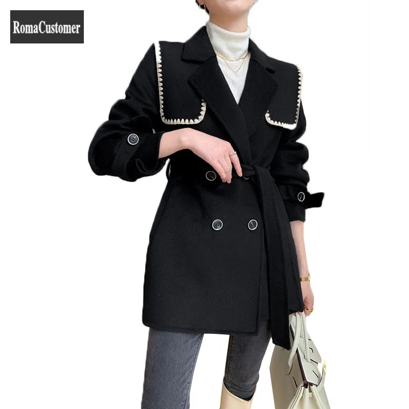 

2021 New Autumn Winter Loose Womens Elegant Vintage Wool Coat Double Breasted Korean Concise Female Fashion Casual Outerwear