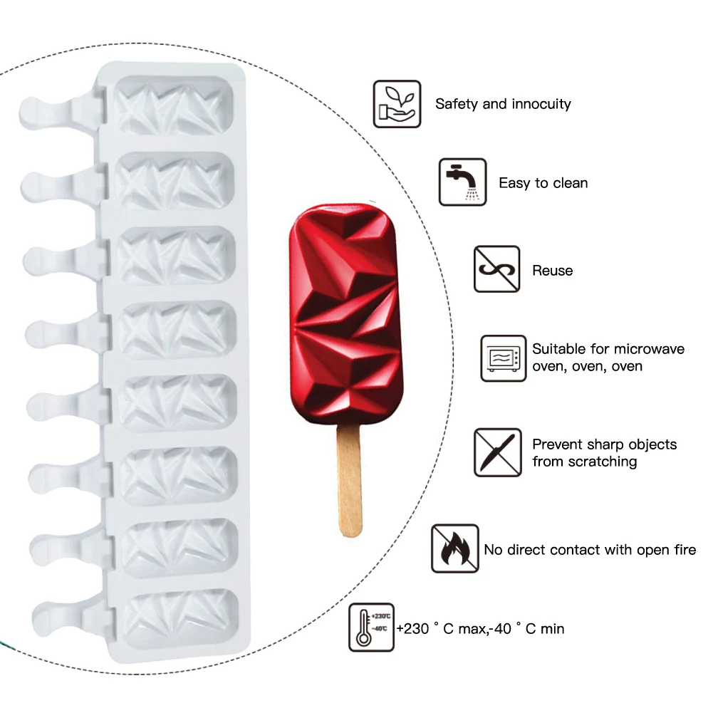 

1PC 8-Cavity Diamond Ice Pop Mold Ice Pop Makers Silicone Easy Home-made Popsicles Mould Tray + 50PC Wooden Stick