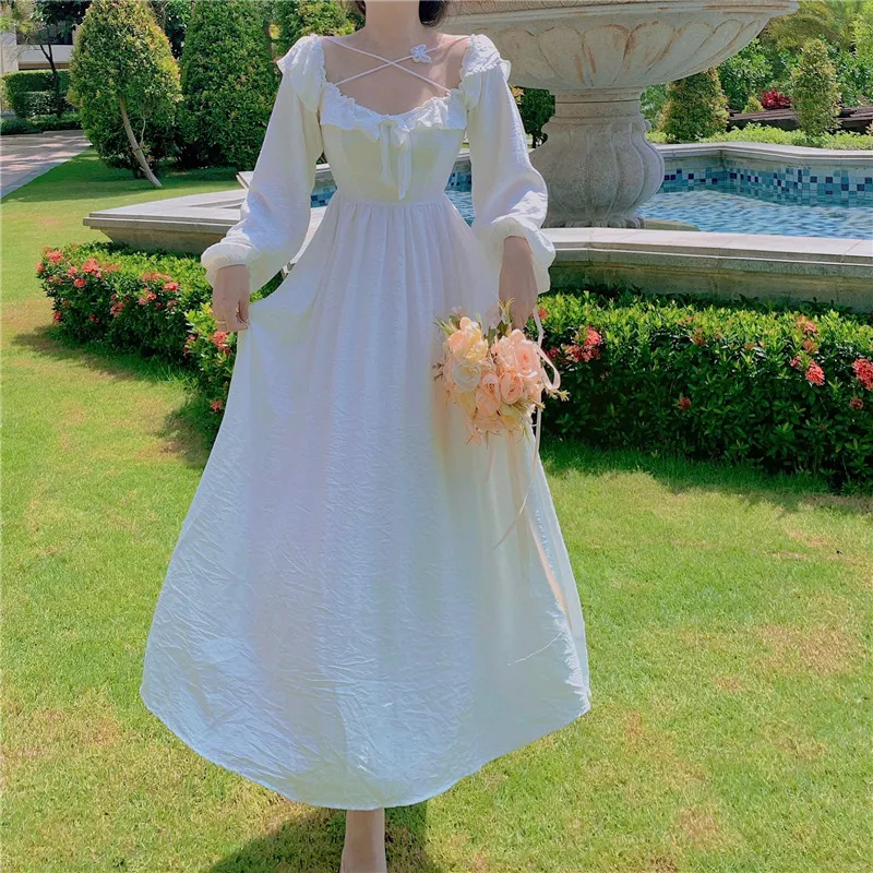 

Butterfly Princess Dress Elegant Long-Sleeved Bow Feminine Dress Autumn Women Long White Fairy Party Dress Square Collar Cross