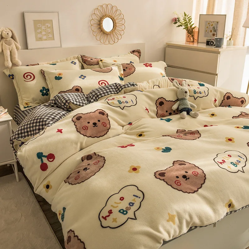 

2021 Winter Home Textile New Cartoon Double-sided Milk Velvet Duvet Cover Warmth Thick Plush Duvet Cover Queen/King Size Bedding