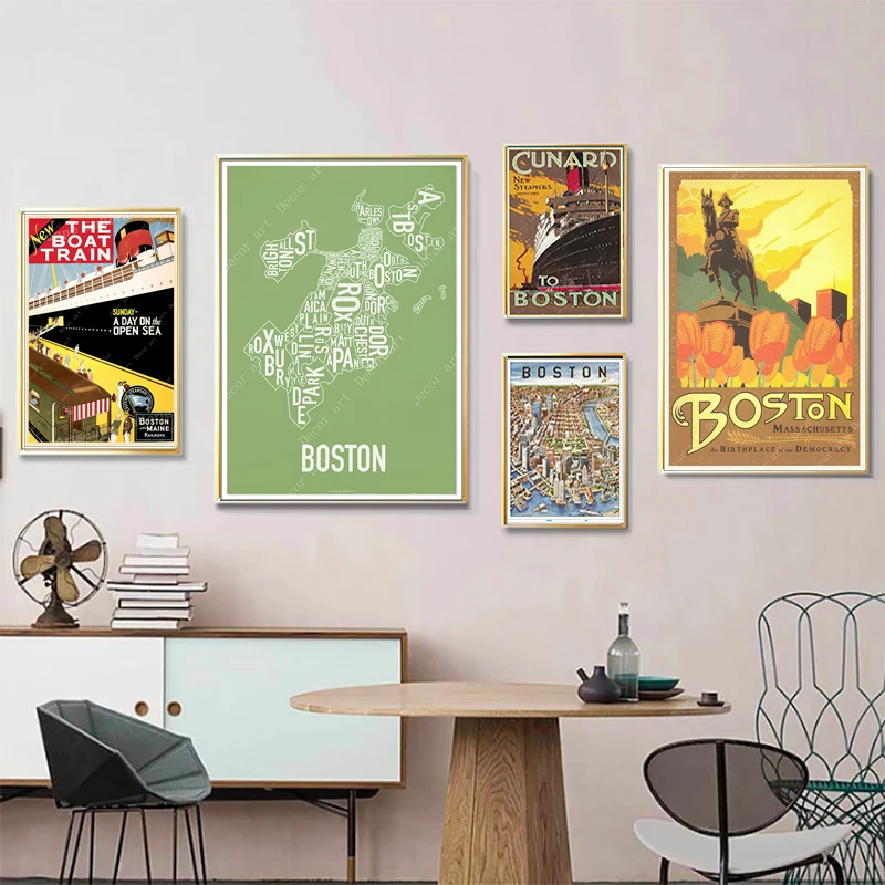 Массачусетс Бостон поезд Америка винтажный дорожный плакат карта холст картина