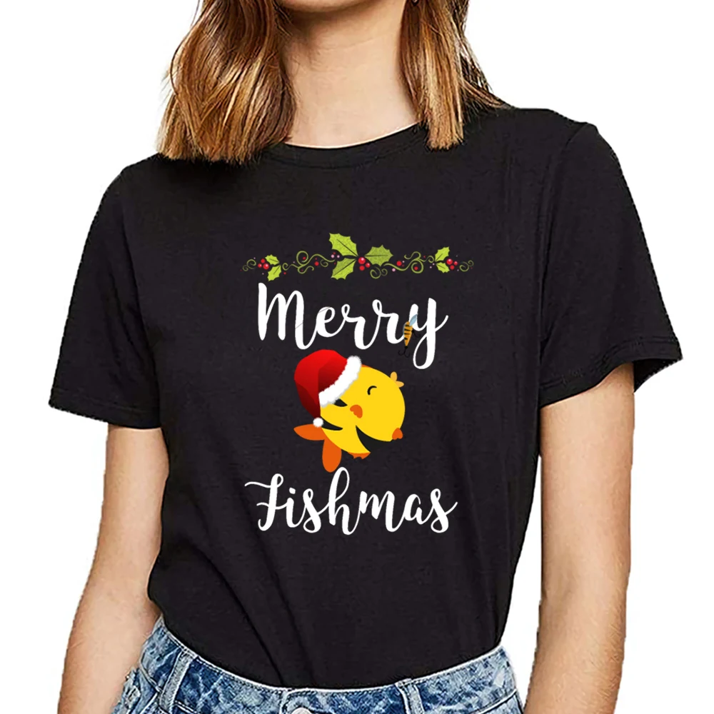 

Tops T Shirt Women merry fishmas funny fishing fish santa O-Neck Vintage Print Female Tshirt