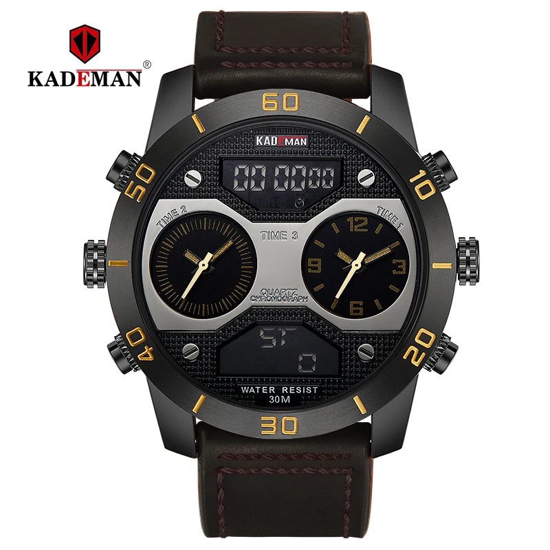 Brown Yellow Большой циферблат KADEMAN мужские часы Топ люксовый бренд с двумя часовыми поясами кварцевые цифровые аналоговые водонепроницаемые наручные часы Relogio Masculino 158 - Цвет: Brown Yellow