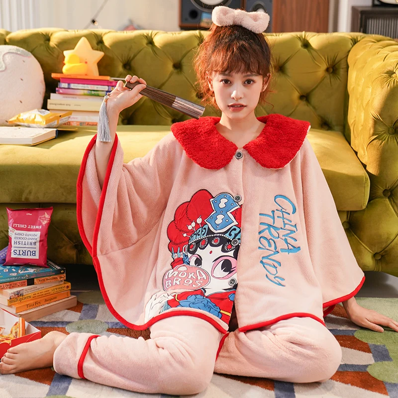 National Tide Chinese Wind Winter Pyjamas Flannel Women Sleepwear Coral Fleece Nightgown Doll Collar Loose Version Batwing