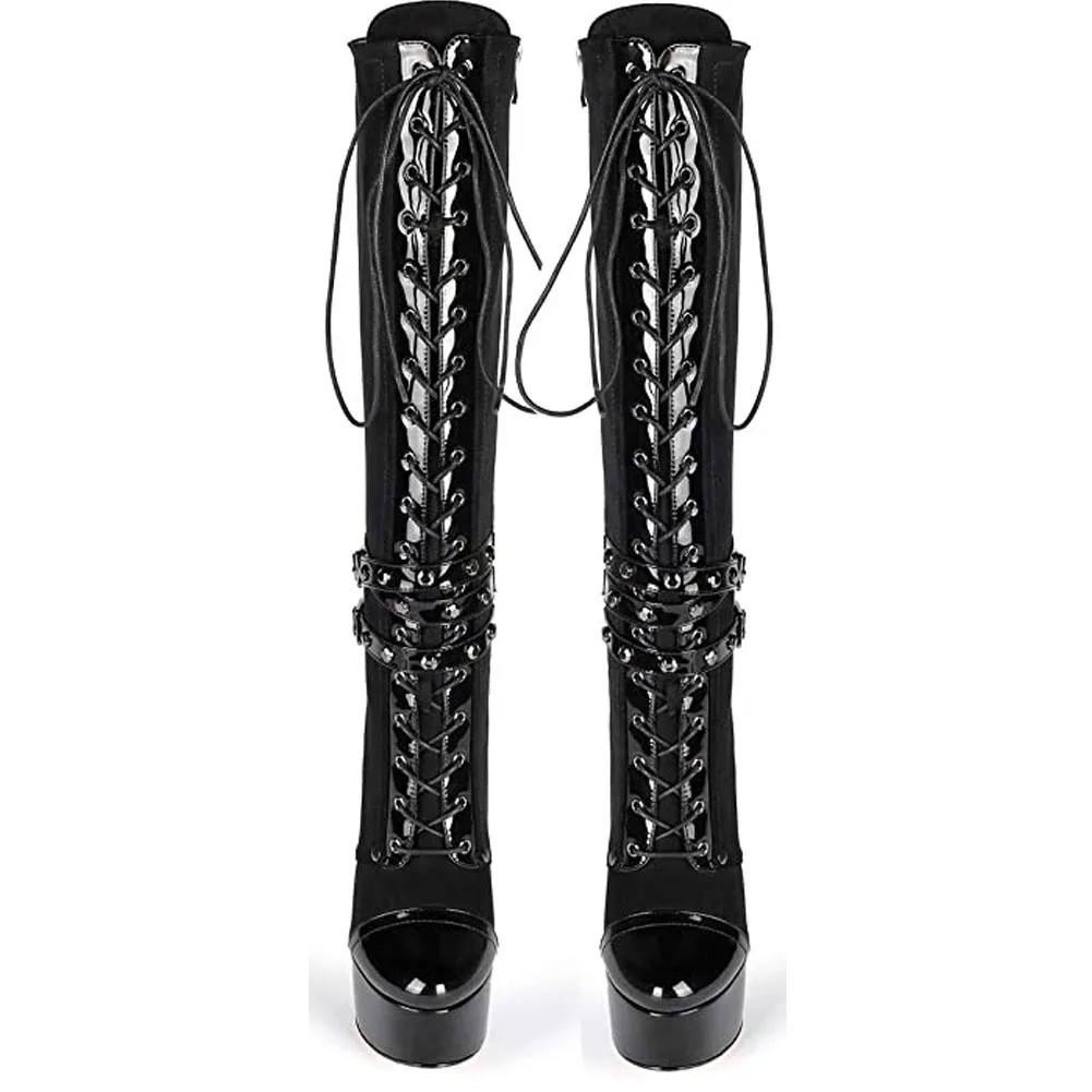 

Karinluna New Fashion Big Size 47 women shoes Patchwork Platform Thin High Heels Buckle Straps Cross-tied Over-the-knee Boots