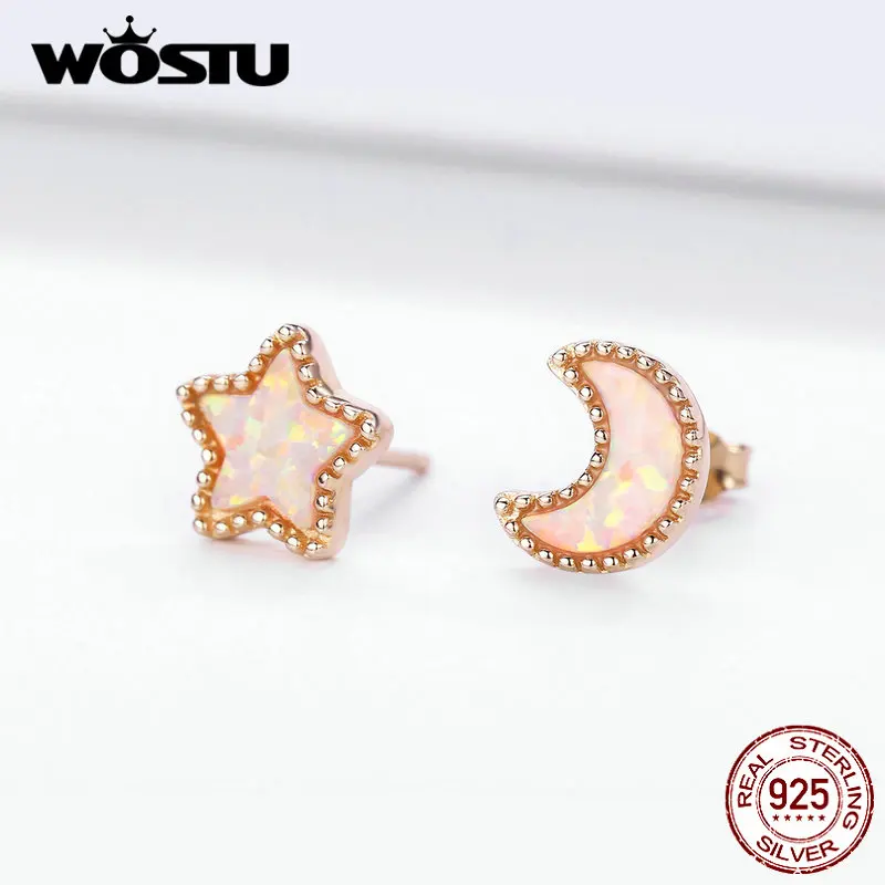 WOSTU 100% 925 пробы серебряные звезда луна серьги гвоздики для женщин розовое золото