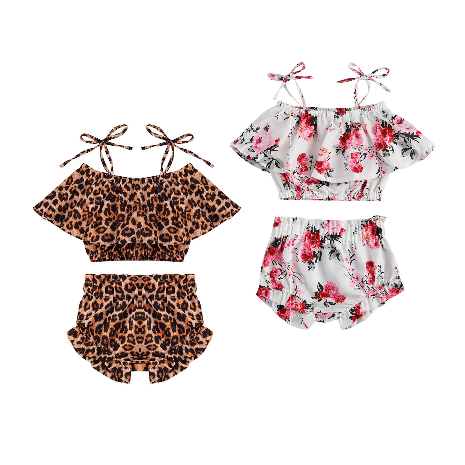 

Baby's Two Piece Set Infant's off Shoulder Top +Ruffled Floral Shorts for Toddlers