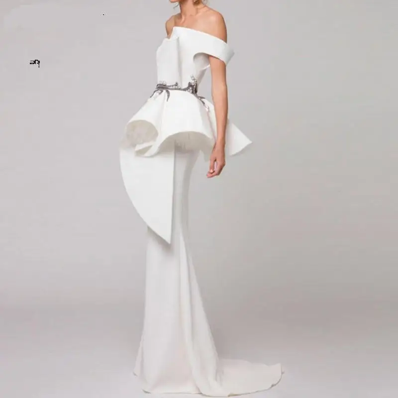 Elegant Formal Dress White Evening Dresses 2020 Satin Ruffles Beaded Saudi Arabic Mermaid Evening pageant Gown Long abendkleide