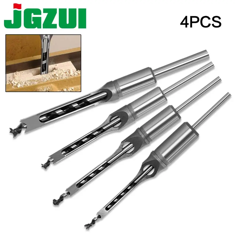 4PCS HSS Twist Drill Bits Square Auger Mortising Chisel Drill Set Square Hole Woodworking Drill Tools Kit Set Extended Saw