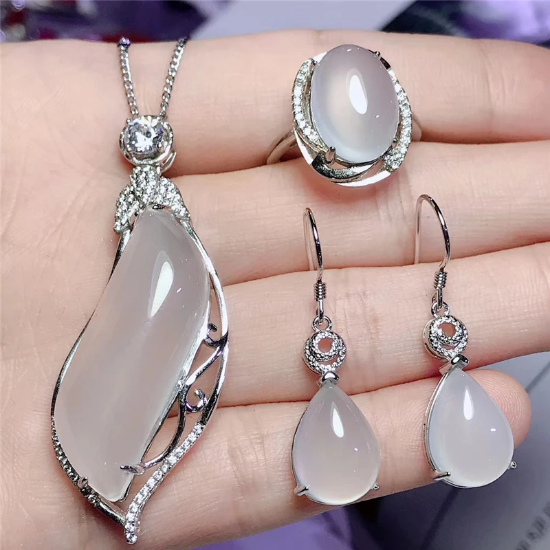 

JADERY 925 STERLING SILVER NECKLACE/EARRINGS/RING CHARM NATURAL WHITE CHALCEDONY JADE JEWELRY SETS FOR WOMEN GEMSTONE JEWELRY