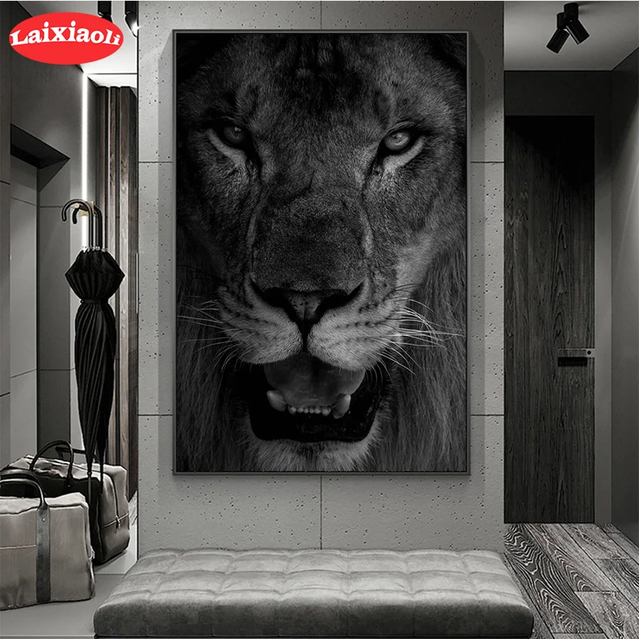 

5D круглая Алмазная вышивка черно-белые животные искусство Лев алмазная живопись полная квадратная мозаика вышивка крестиком подарок ручно...