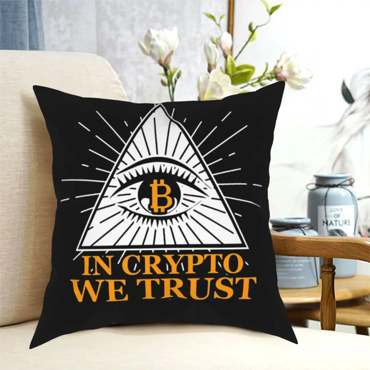 

In Crypto We Trust Eyes Polyester Cushion Cover Bitcoin Miners Meme For Bedroom Office Decorative Reusable