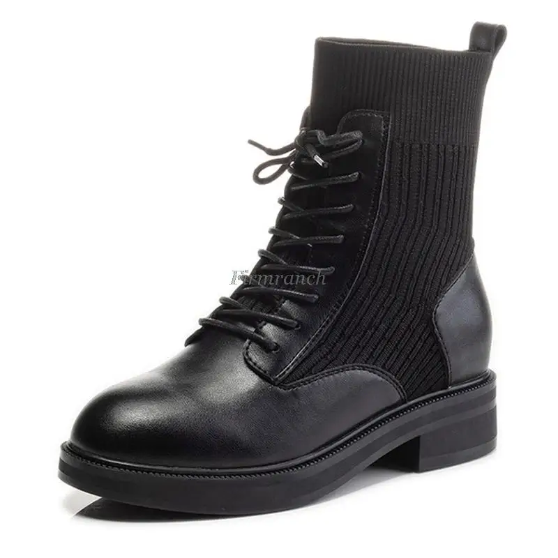 

Women's boots 2021 autumn and winter new leather Martin boots non-slip warmth round toe mid-tube low-heeled short boots tide