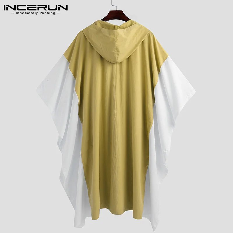 

INCERUN Men Muslim Jubba Thobe Patchwork Loose Hooded Pockets Half Sleeve Robes Islamic Kaftan Men Saudi Arabia Caftan Abaya 5XL