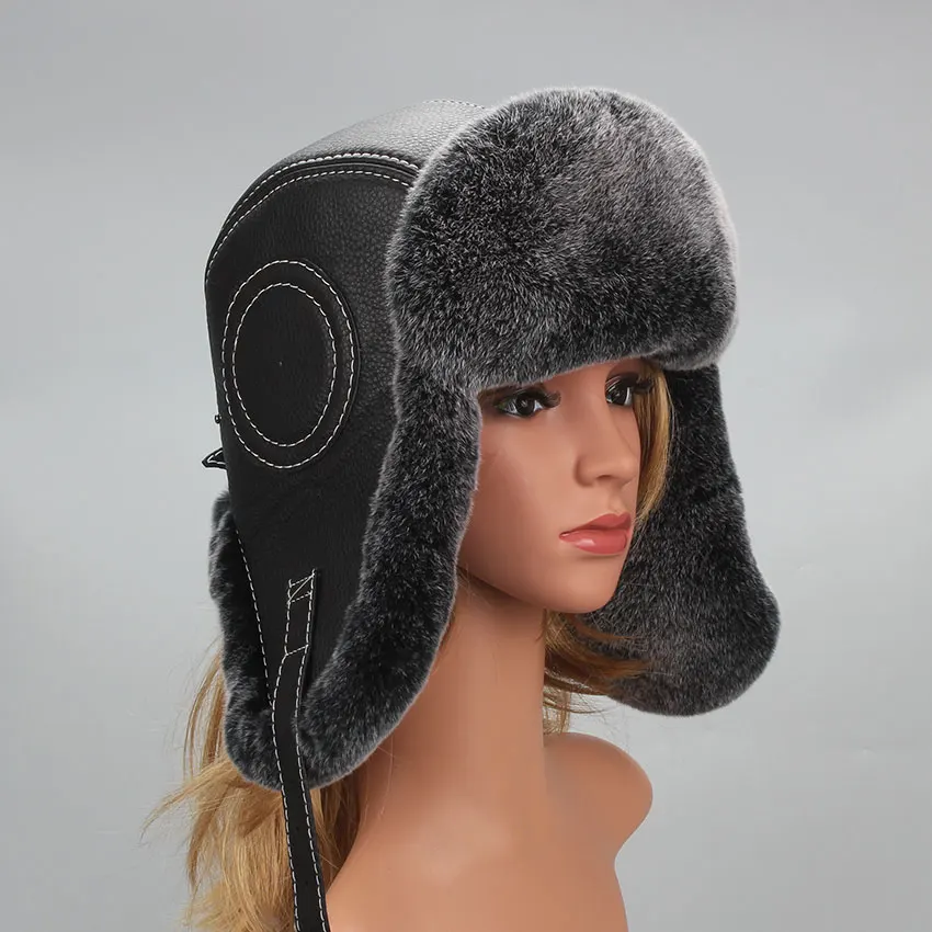 

2021 Winter Ski Hat Russian Hat Men Women Warm Earmuffs Thicken Ear-flapped Hat Rex Rabbit Fur Lei Feng Cap Bonnet Unisex Hats