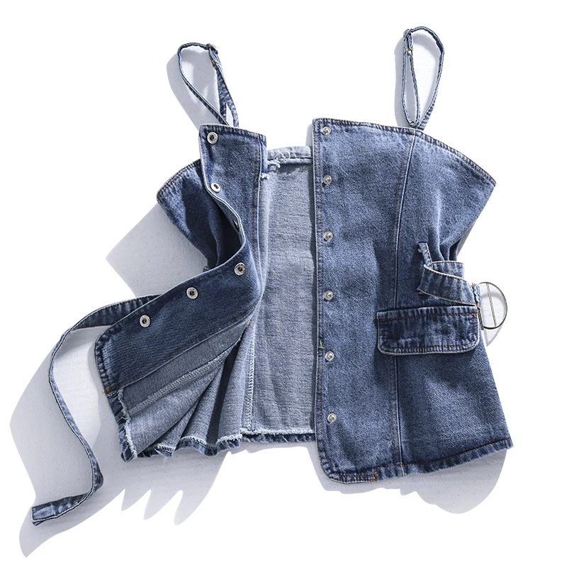 Корейский синий женский джинсовый жилет Летний короткий однобортный топ на