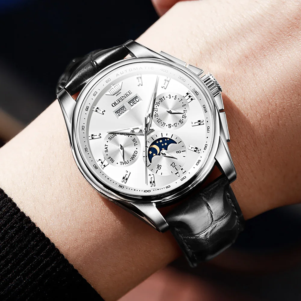 

Men's automatic mechanical wristwatch business casual style leather strap luminous hands moon phase luxury male clock