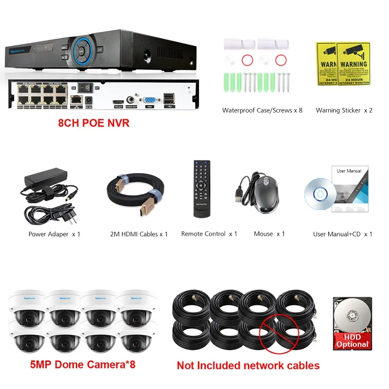 8 Camera No Cables Toprohomie H.265+ 8CH POE IP CCTV Системы 48V 5MP безопасности камера Аудио запись POE IP Камера ночного видения Камеры скрытого видеонаблюдения - Цвет: 8 Camera No Cables