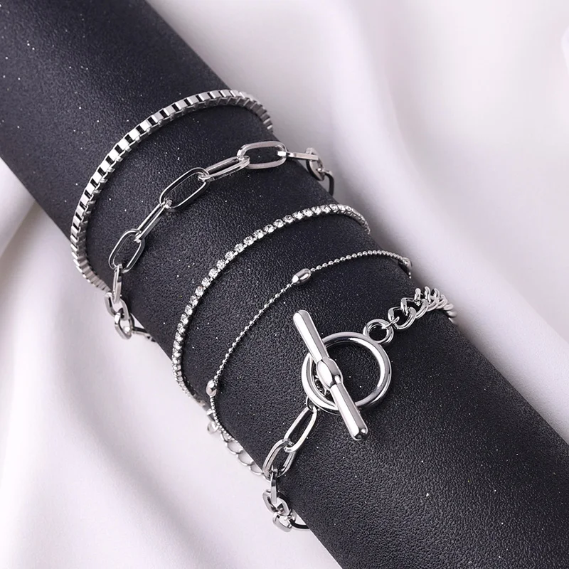 

5Pcs/Set Bohemian Gold Crystal Thick Chains Bracelet for Girls Punk Jewelry Trendy Lady Charms Women's OT Buckle Bracelet