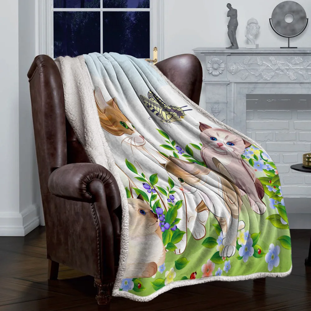 Double Throw Blanket Sherpa Microfiber Comfort Cartoon Cat Lamb Cashmere Bedspread Sofa Bed Cover | Дом и сад