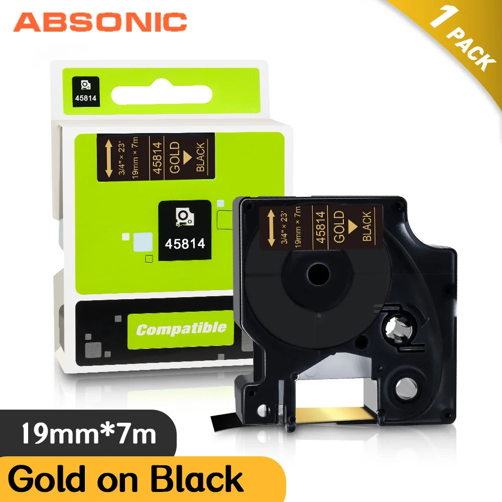 Золотая на черной этикетке Absonic 45814 совместимая с Dymo D1 45813 кассета этикеток 19 мм * 7