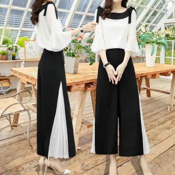 2019 летний комплект Новые широкие штаны шифоновый костюм из двух предметов