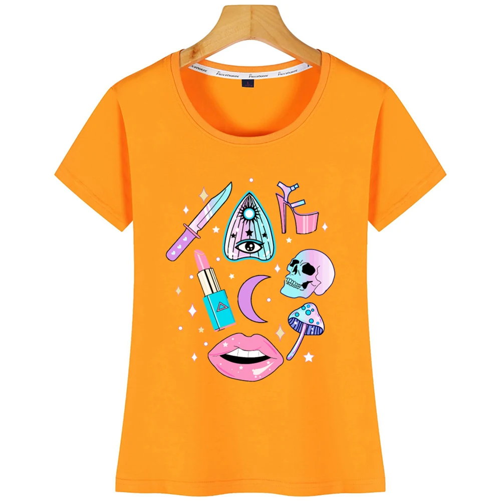 Топы Футболка Для женщин Girly пастельных ведьмы узор Повседневное Harajuku футболка с