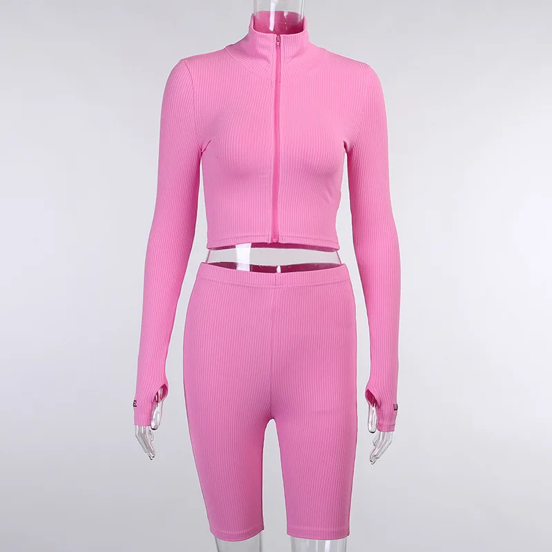 

Turtleneck Knit Rib Tracksuit Women Zipper Embroidery Lucky Label Crop Top + Shorts/Long Pencil Pants Two Piece Set Outfits