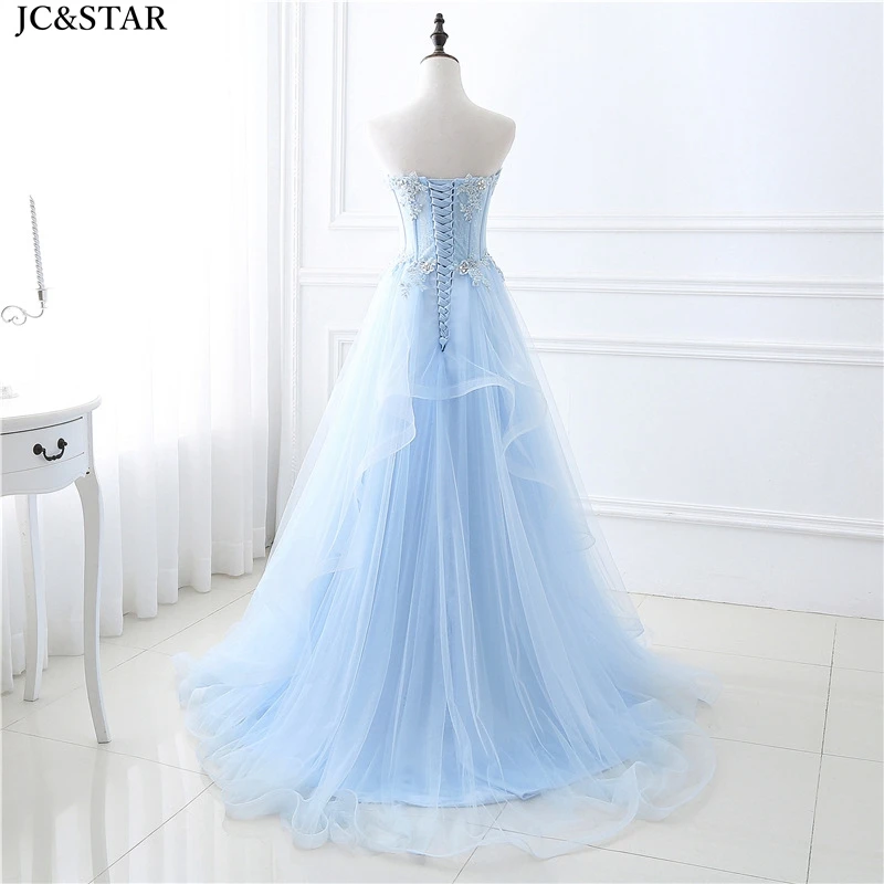 Женское вечернее платье со шлейфом синее фатиновое с аппликацией из бисера