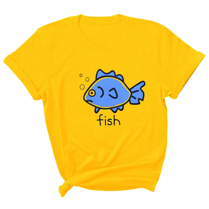 

Fish Letter Print Women T Shirt Short Sleeve O Neck Loose Women Tshirt Ladies Tee Shirt Tops Clothes Camisetas Mujer